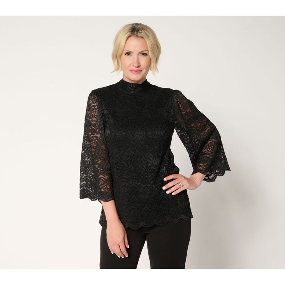 Susan Graver Women's Top Sz 2XS (XXS) Occasions Lace Bell-Sleeve Black A700419